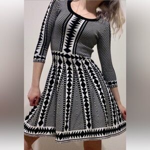 NINA LEONARD GEOMETRIC PATTERN FIT & FLARE KNIT BABYDOLL STYLE DRESS SIZE MEDIUM
